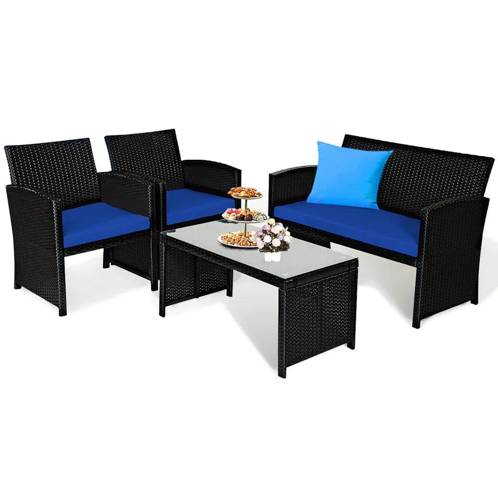 Navy Cushioned 4-Piece Black Rattan Patio Conversation Set