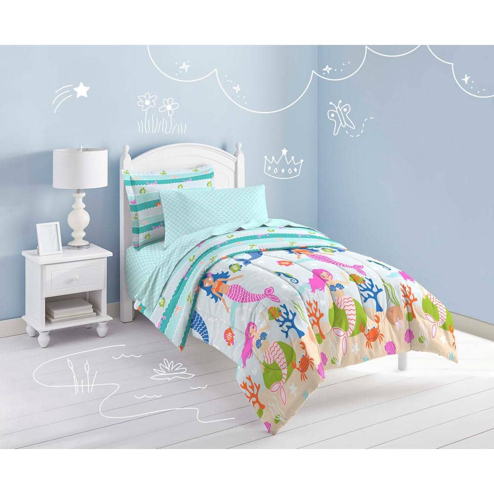 Mermaid Dreams Twin Blue Microfiber Bed in a Bag Set