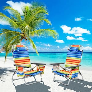 5-Position Yellow Strip Outdoor Aluminum Folding Beach Chair with Pillow (4-Pack)