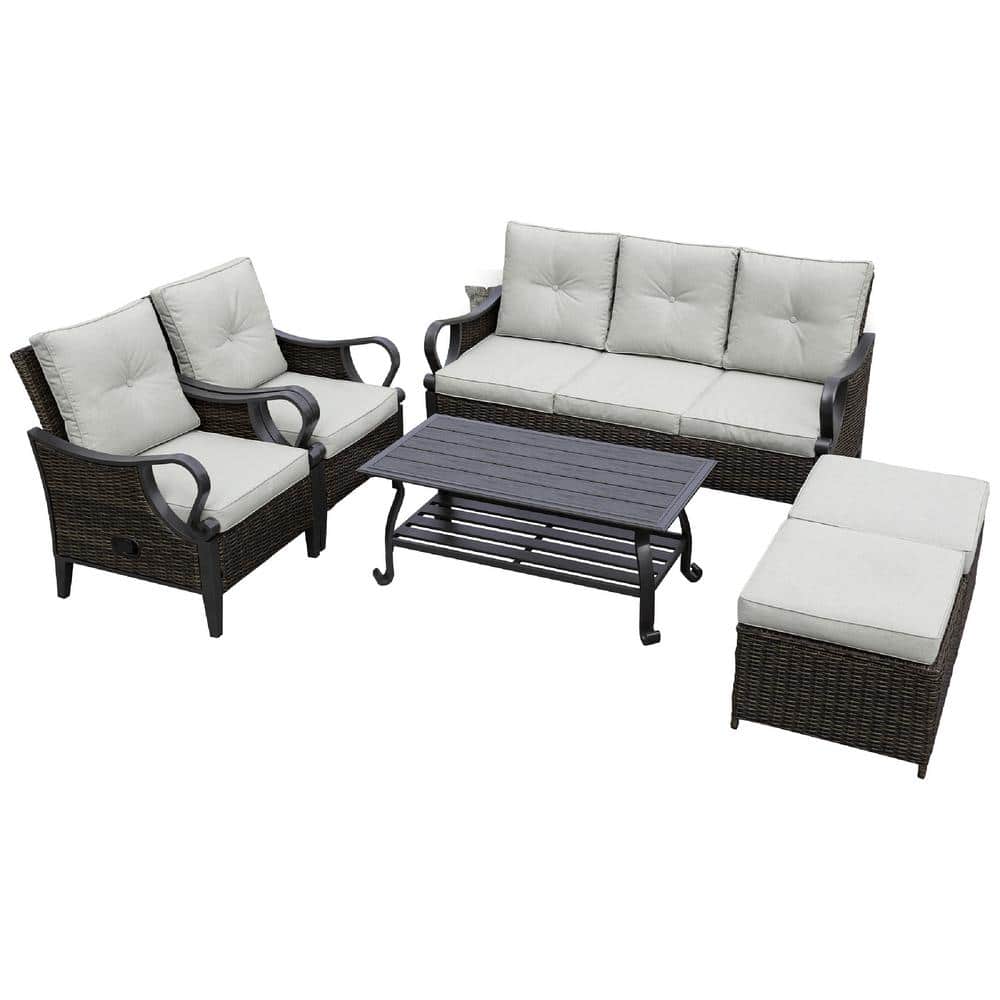 6-Pieces Rattan Metal Outdoor Patio Conversation Set with Light Gray Cushio