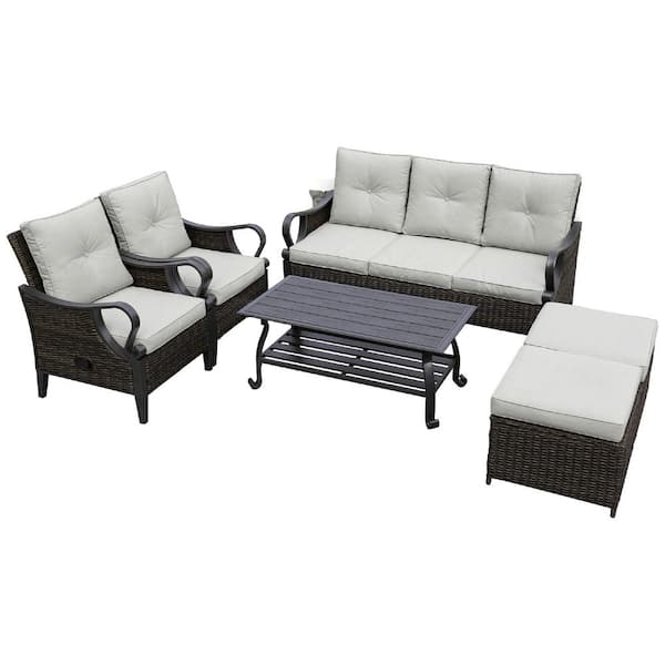 Unbranded 6-Pieces Rattan Metal Outdoor Patio Conversation Set with Light Gray Cushion for Patio Porch and Garden Poolside