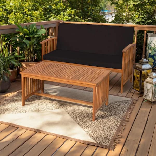 Kaila Natural Brown 2-Piece Outdoor Table and Loveseat Set with Black Cushion