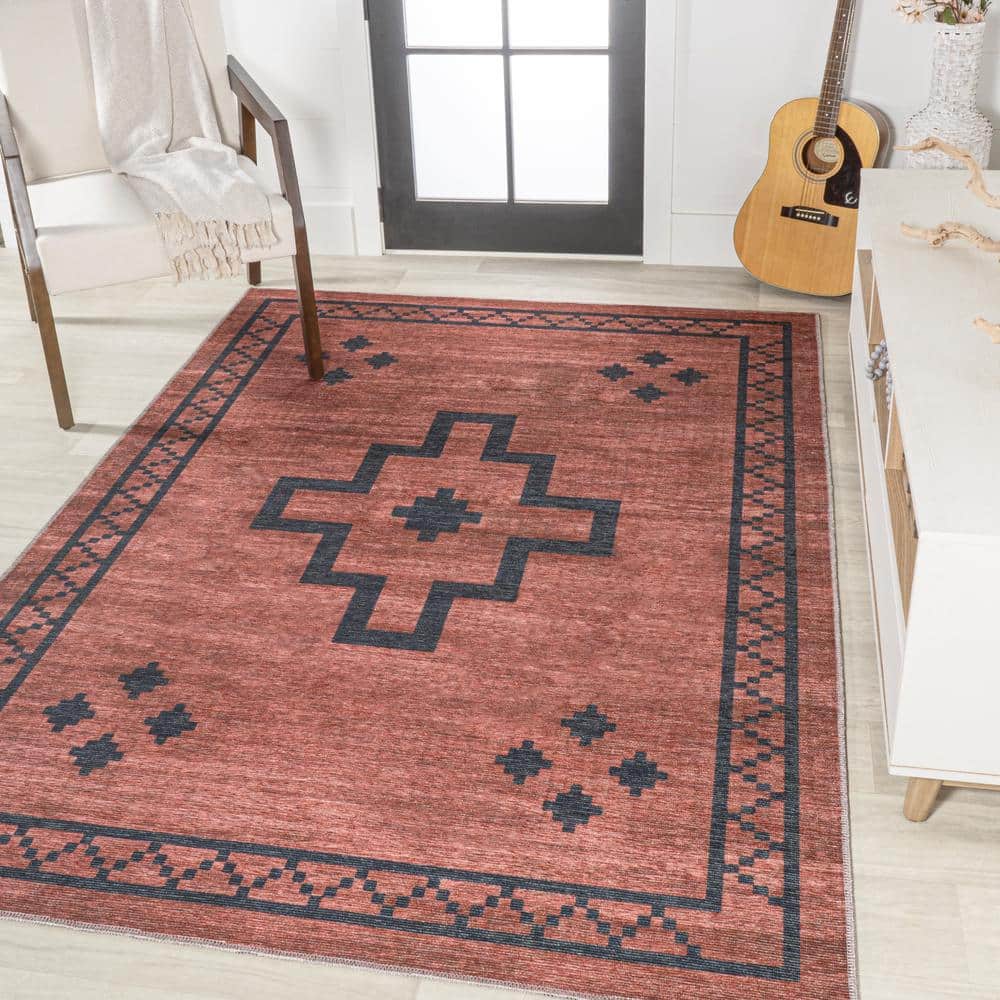 Korsa Red and Dark Gray Geometric 9' x 12' Washable Area Rug