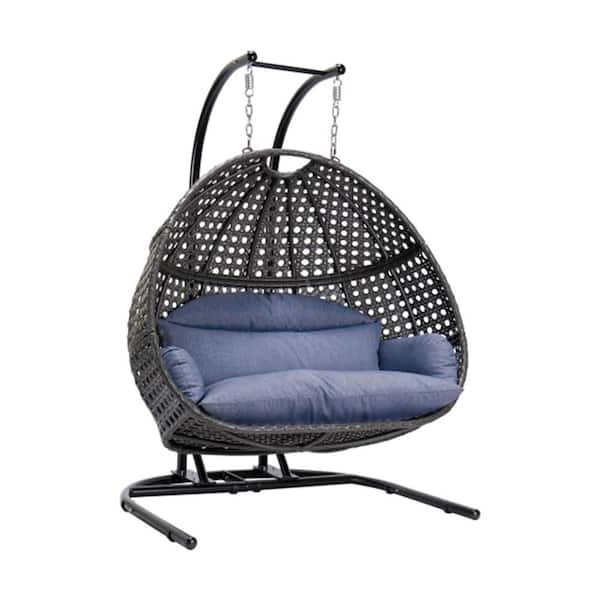 Black Wicker Hanging Double-Seat Patio Swing Chair with Stand and Blue Cushion