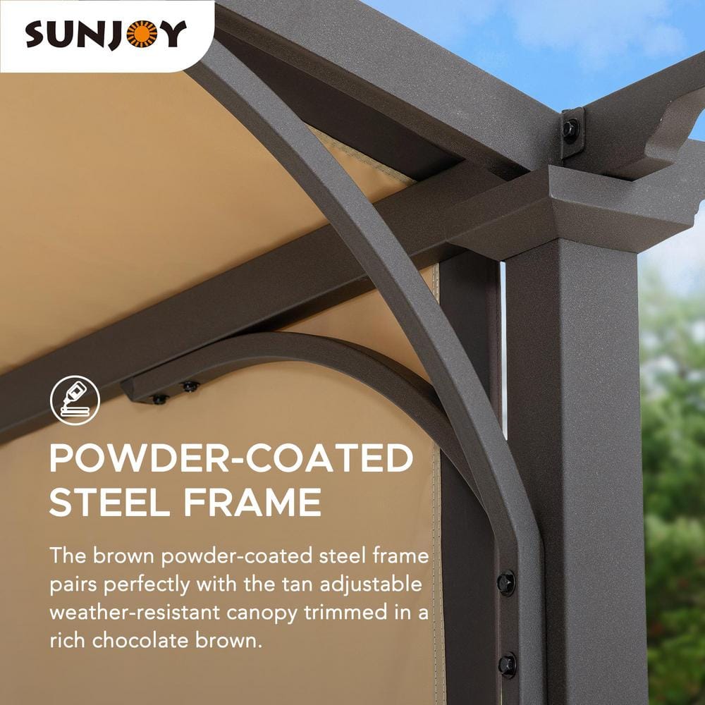 Tan and Brown Steel Arched Pergola with Adjustable Canopy