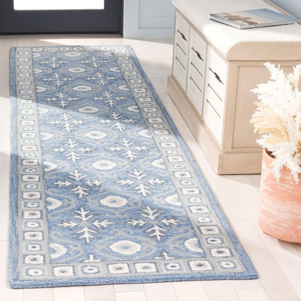 Ebony 2 ft. x 11 ft. Blue/Ivory Geometric Abstract Border Runner Rug