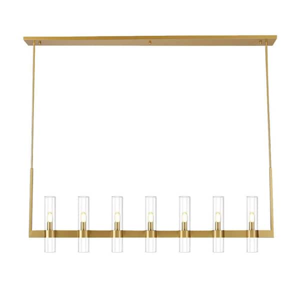 PUYRNF 7-Lights 55 in. Dimmable Gold Kitchen Island Linear Chandelier with Glass Shade for Foyer Living Room (Bulbs Included)