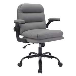 Office Chair Faux Leather Swivel Ergonomic Task Chair in Gray with Flip-up Armrest and Thickened Cushion