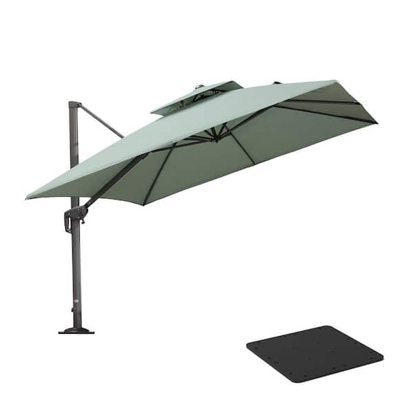 PURPLE LEAF 10 ft. Square 2-Tier Aluminum Cantilever 360° Rotation Patio Umbrella with Base Plate, Mint Green