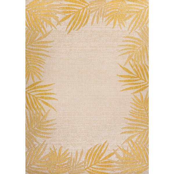 Isla Yellow/Cream 5 ft. x 8 ft. Coastal Cottage Palm Frond Border Indoor/Outdoor Area Rug