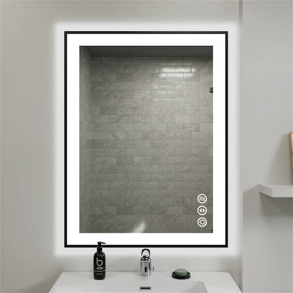 MYCASS Light 24 in. W x 32 in. H Small Framed LED Single LED Anti-Fog Bathroom Vanity Mirror in Matte Black