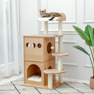 Modern Cat Tree Wooden Multi-Level Cat Tower, Deeper Version of Cat Sky Castle with 2 Cozy Condos and Luxury Perch
