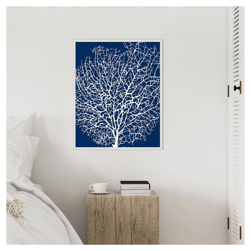 Navy and White Coral Print on Canvas with Beaded Frame