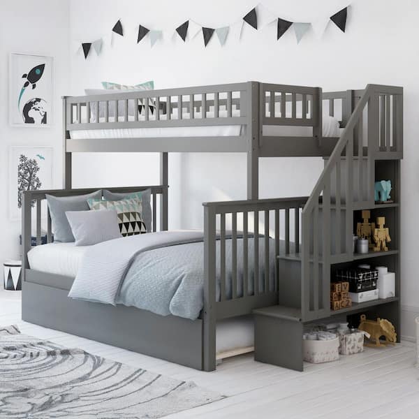 AFI Woodland Staircase Bunk Bed Grey Twin over Full with Full Urban Trundle Bed