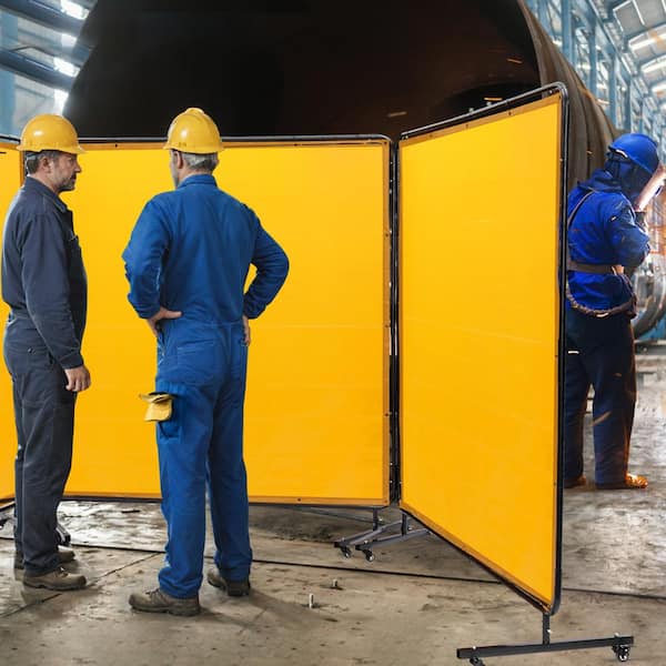Welding Screen 6 ft. x 6 ft. 3-Panel Welding Curtain Flame Retardant with Frame and Wheels Adjustable Size, Yellow