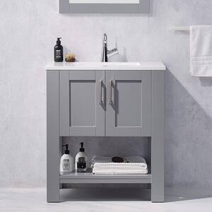 Free-Standing 30 in. W x 22 in. D x 34 in. H Bath Vanity in Gray with White Carrara Marble Top with Basin