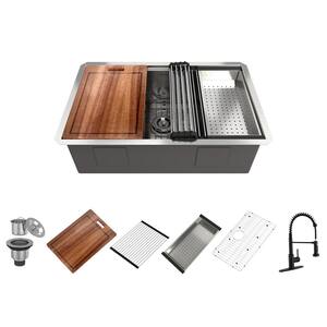30 in. Undermount Single Bowl Stainless Steel Kitchen Sink with Faucet, Cutting Board, Rolling Drying Rack and Colander