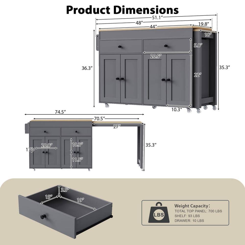 Gray Wood 74.5 in. Rolling Kitchen Island with Extendable Dining Table - thumbnail 4