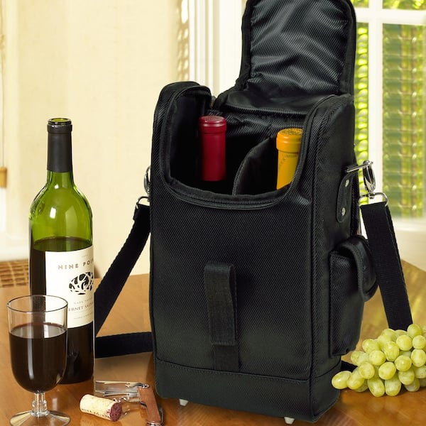 Single Insulated Black Leather Wine Bottle Bag Carrier with Carry Handles