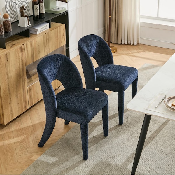 Just Dark Blue Chenille Upholstered Dining Chair, Hollowed Out Backrest (Set of 2)