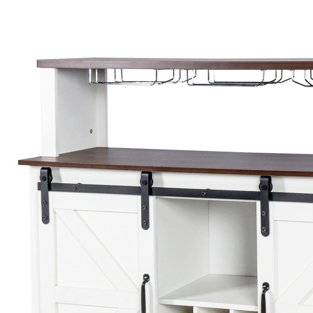 47.24 in. White and Dark Brown MDF Coffee Bar Wine Cabinet with Sliding Barn Door