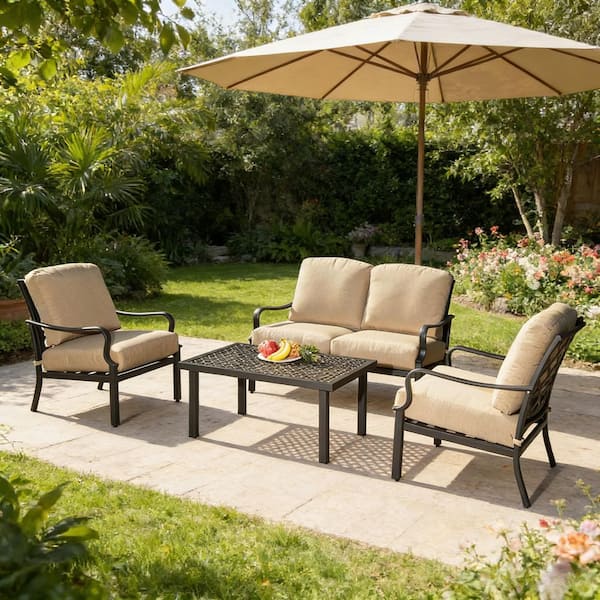 4-Piece Black Metal Patio Conversation Set with Beige Cushions and ...