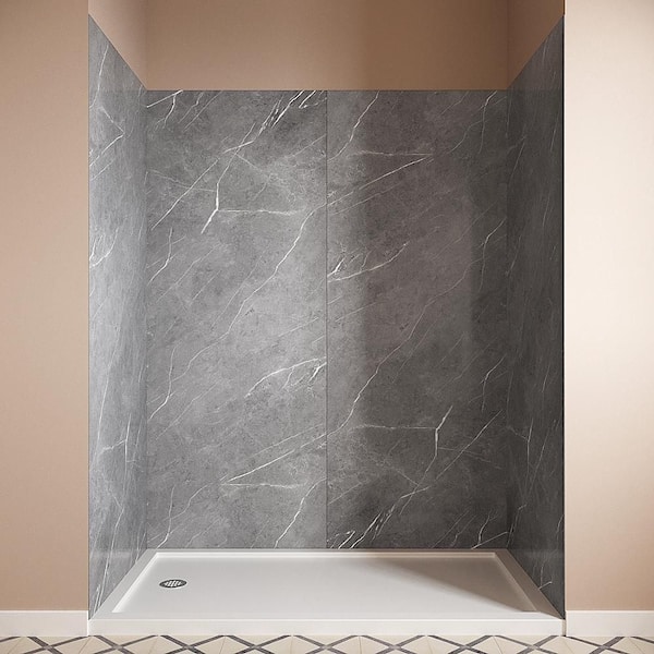 DSH-1320-133 32 in. L x 60 in. W x 76 in. H 4-Piece Glue-Up Alcove Shower Wall Surround in Grey Marble Finish