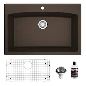 QT-712 Quartz/Granite 33 in. Single Bowl Top Mount Drop-In Kitchen Sink in Brown with Bottom Grid and Strainer