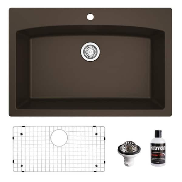 Karran QT-712 Quartz/Granite 33 in. Single Bowl Top Mount Drop-In Kitchen Sink in Brown with Bottom Grid and Strainer