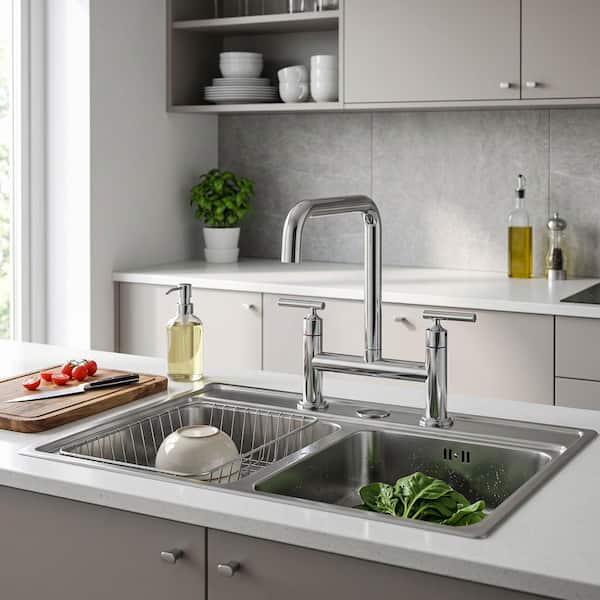 Double Handle Bridge Faucet with Kitchen Sink Hole Cover in Polished Chrome