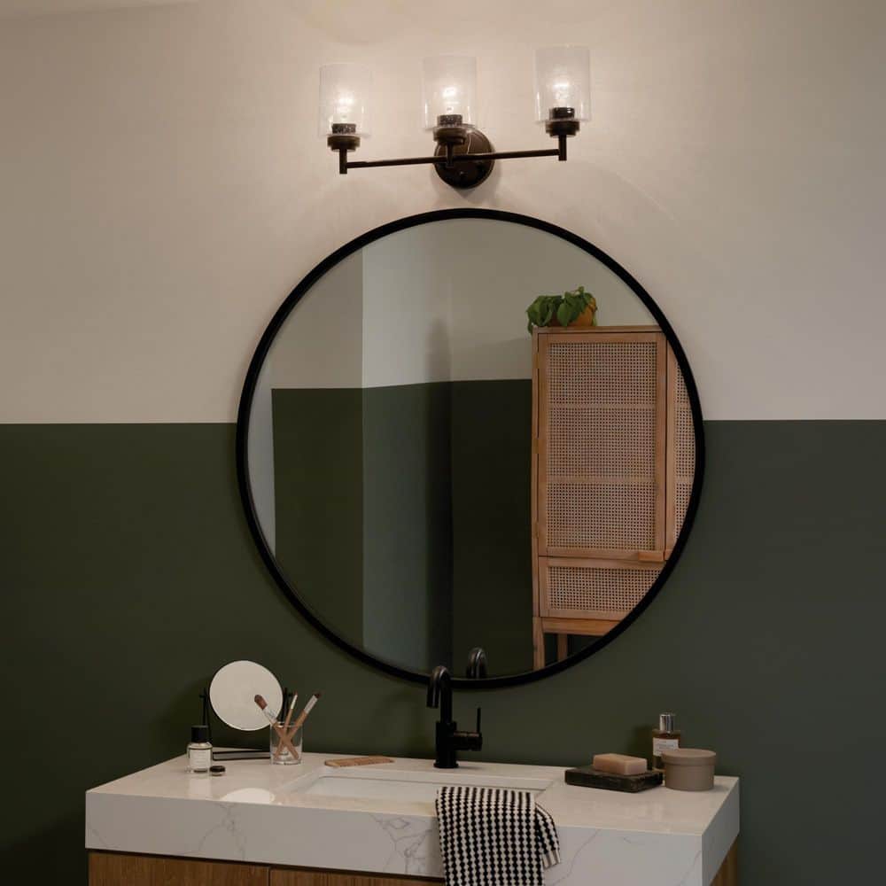 Black 3-Light Vanity Light with Clear Seeded Glass Shades