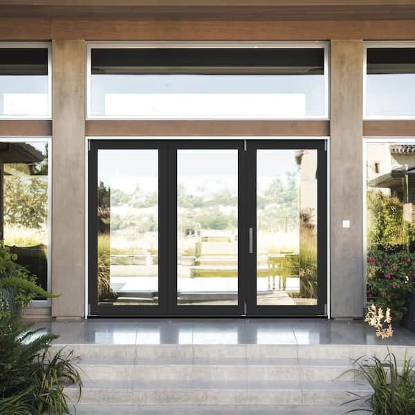 108 in. x 80 in. F4500 Left-Hand Black Fiberglass 3-Panel Folding Patio Door with Low-E Glass and Nickel Handle