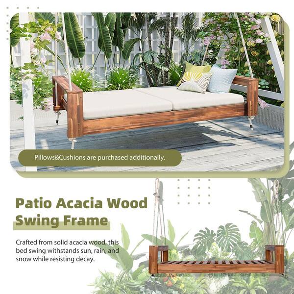 Natural 86 in. 2-Person Wood Porch Swing, Modern Twin Size Patio
