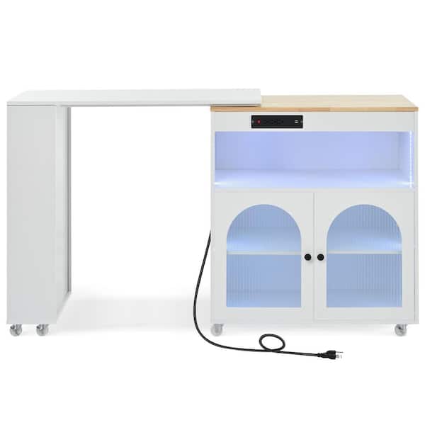 White Wood 16.92 in. Kitchen Island with LED Lights, 2 Fluted Glass Doors and 3 Open Shelves