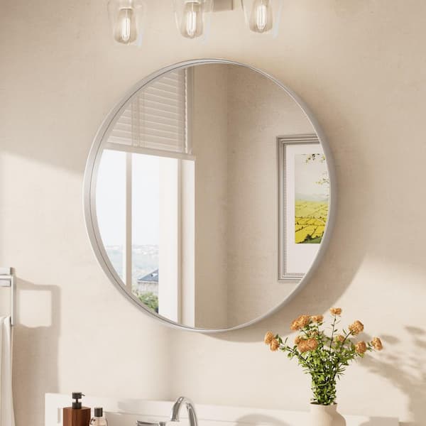 30 in. W x 30 in. H Medium Round Aluminum Framed Modern Wall Mounted Bathroom Vanity Mirror in Brushed Nickel
