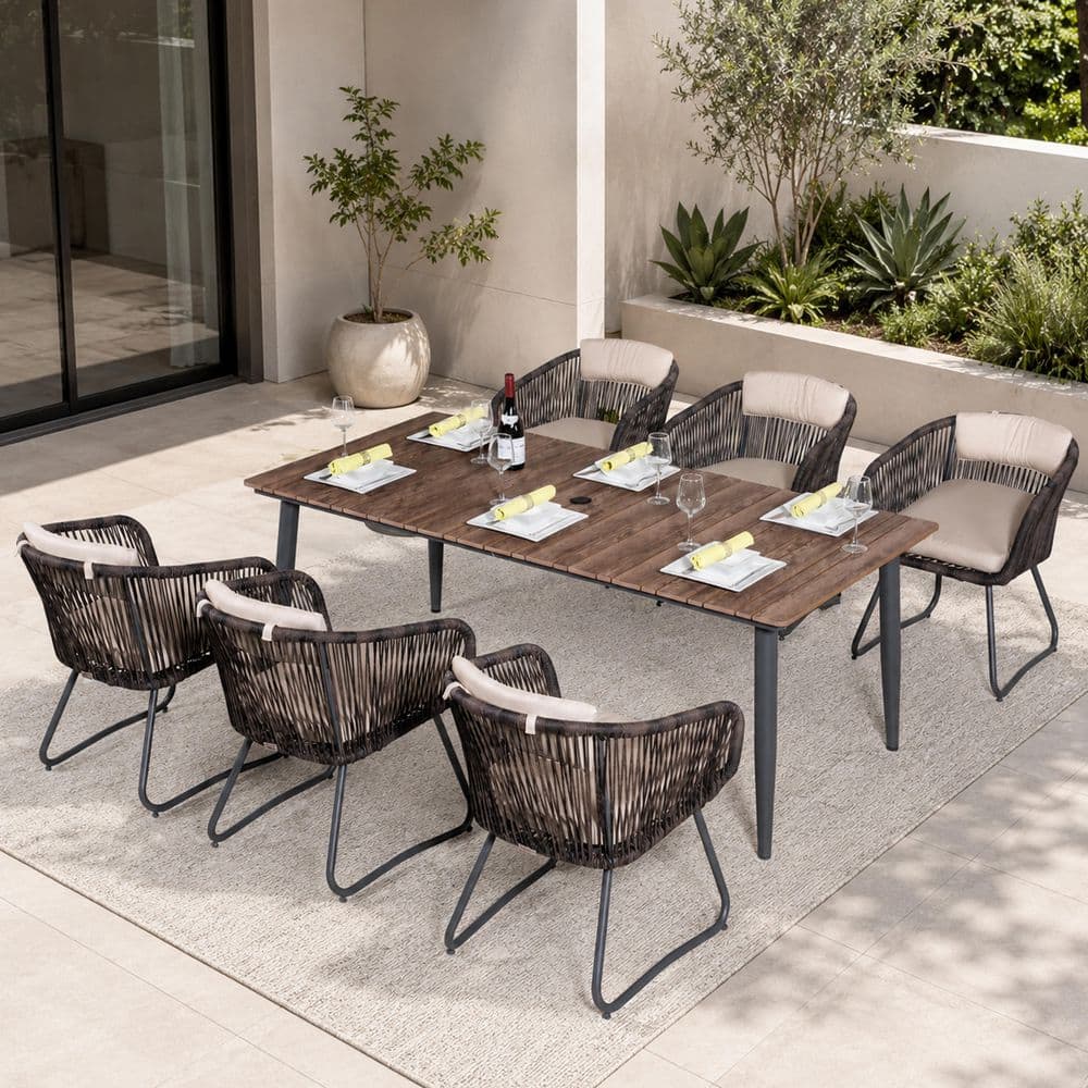 Brown 7-Piece Metal Rectangular Outdoor Dining Set with Beige Cushions