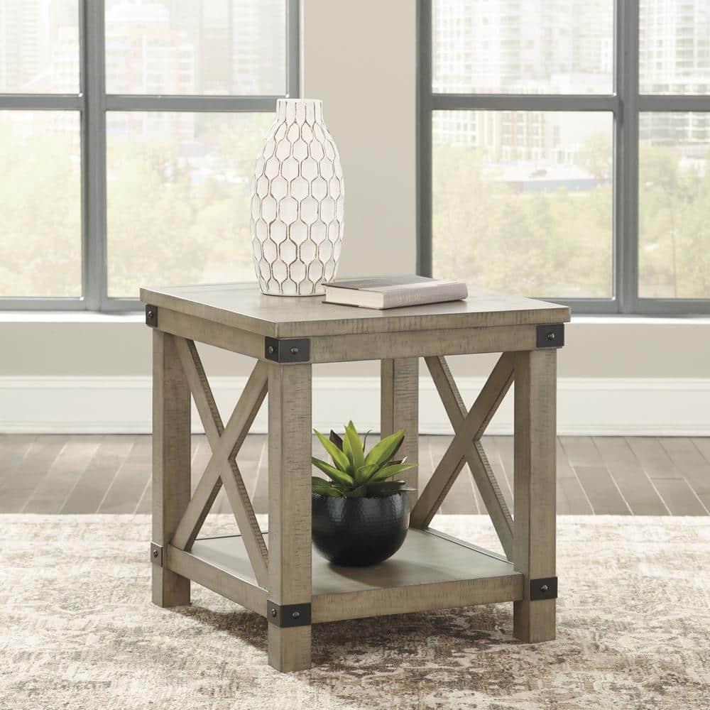 Aldwin Gray Pine Wood and Metal End Table