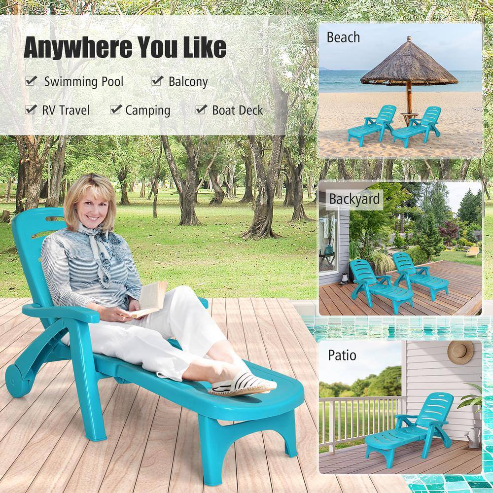 Turquoise Folding Plastic Chaise Lounge Chair with Adjustable Recliner