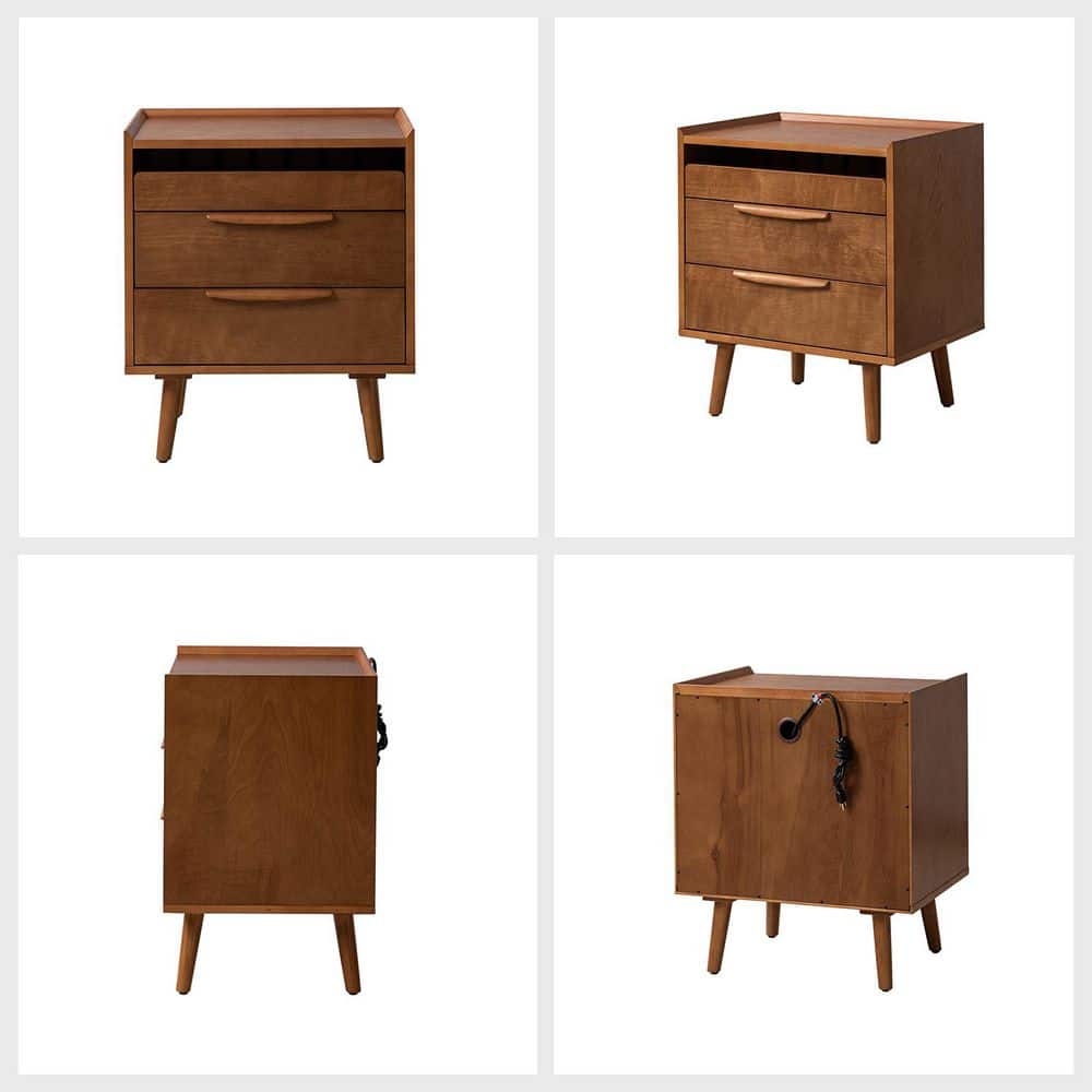 Kate Walnut Mid-century Style 3-Drawer 24 in. W Nightstand with Solid Wood Legs Set of 2 - thumbnail 7