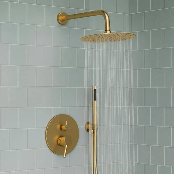 Double Handle 2-Spray 10 in. Wall Mount Shower Faucet 2.5 GPM with Anti Scald in Brushed Gold Valve Included