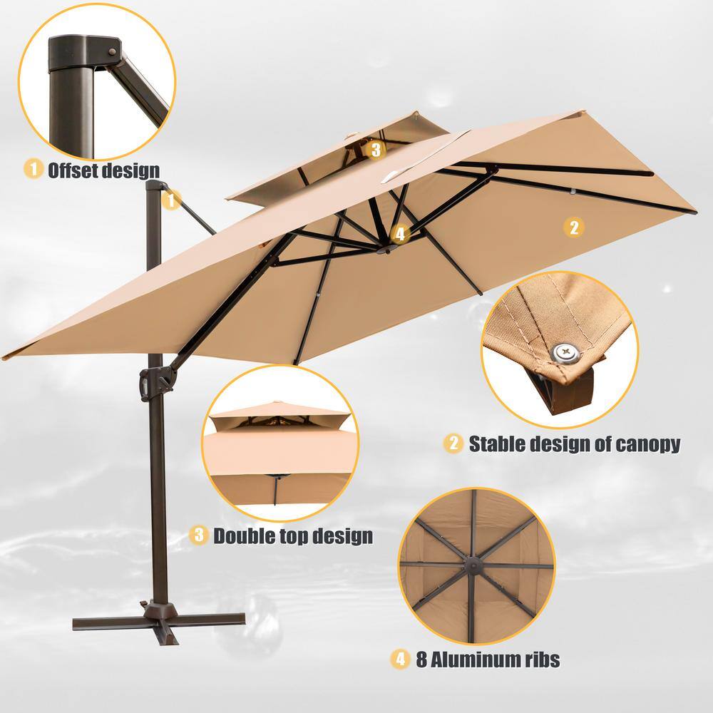 Tan 10 ft Double Top Aluminum Cantilever Patio Umbrella