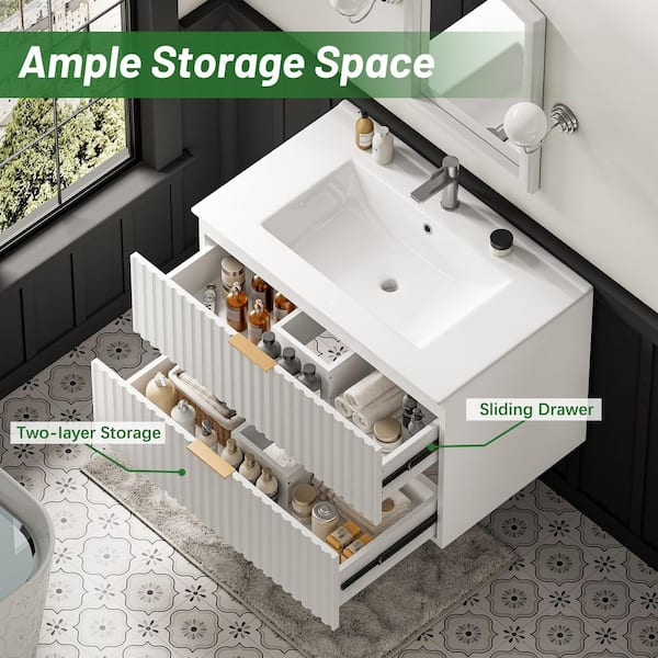 30 in. Floating White Bath Vanity with Ceramic Top Unassembled, Dual-Drawer Storage, Horizontal Stripe Design