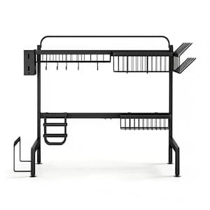 Over The Sink Extendable Drainer Drying Dish Rack in Black with Adjustable Basket, Utensil Holder and Sponge Holder