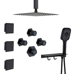 Andalusia Multiple 7-Spray Patterns Dual 12 in. Ceiling Mount Rain Shower Heads with 2.5 GPM 3-Jet, Valve in Matte Black