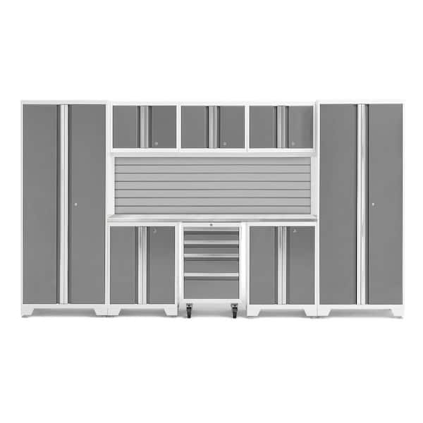 NewAge Products Bold Series 132 in. W x 76.75 in. H x 18 in. D 24-Gauge Steel Garage Cabinet Set in Platinum (9-Piece)