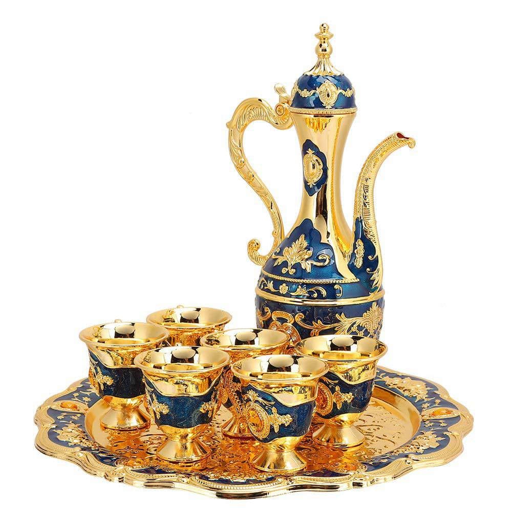Vintage European-Style Zinc Alloy Metal Wine Jug and Drinking Cup Set Blue Hip Flask Home Art Crafts price history on PriceWatchPro