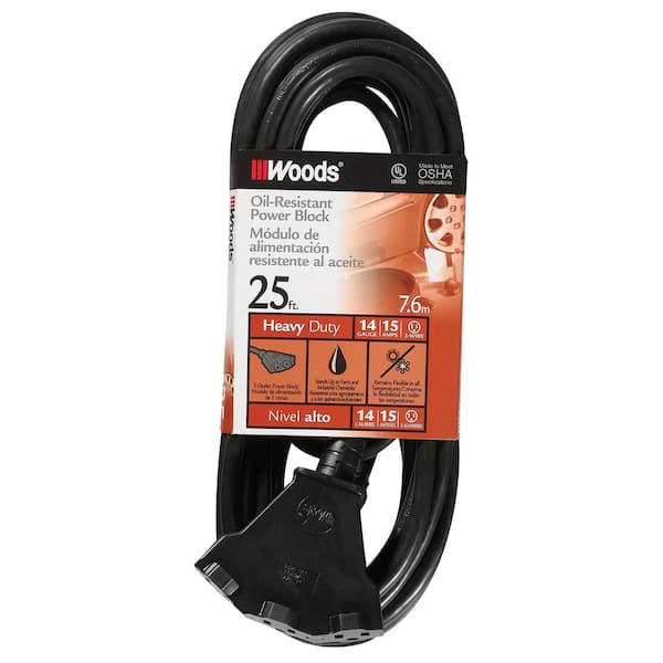 Woods 25 ft. 14/3 SJTOW Agricultural Outdoor Heavy-Duty Extension Cord with Power Block