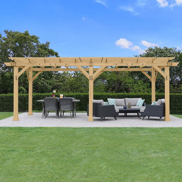 Meridian 10 ft. x 22 ft. Cedar Backyard Pergola with Stylish Architectural Posts and Multilevel Crisscross Trellis Roof