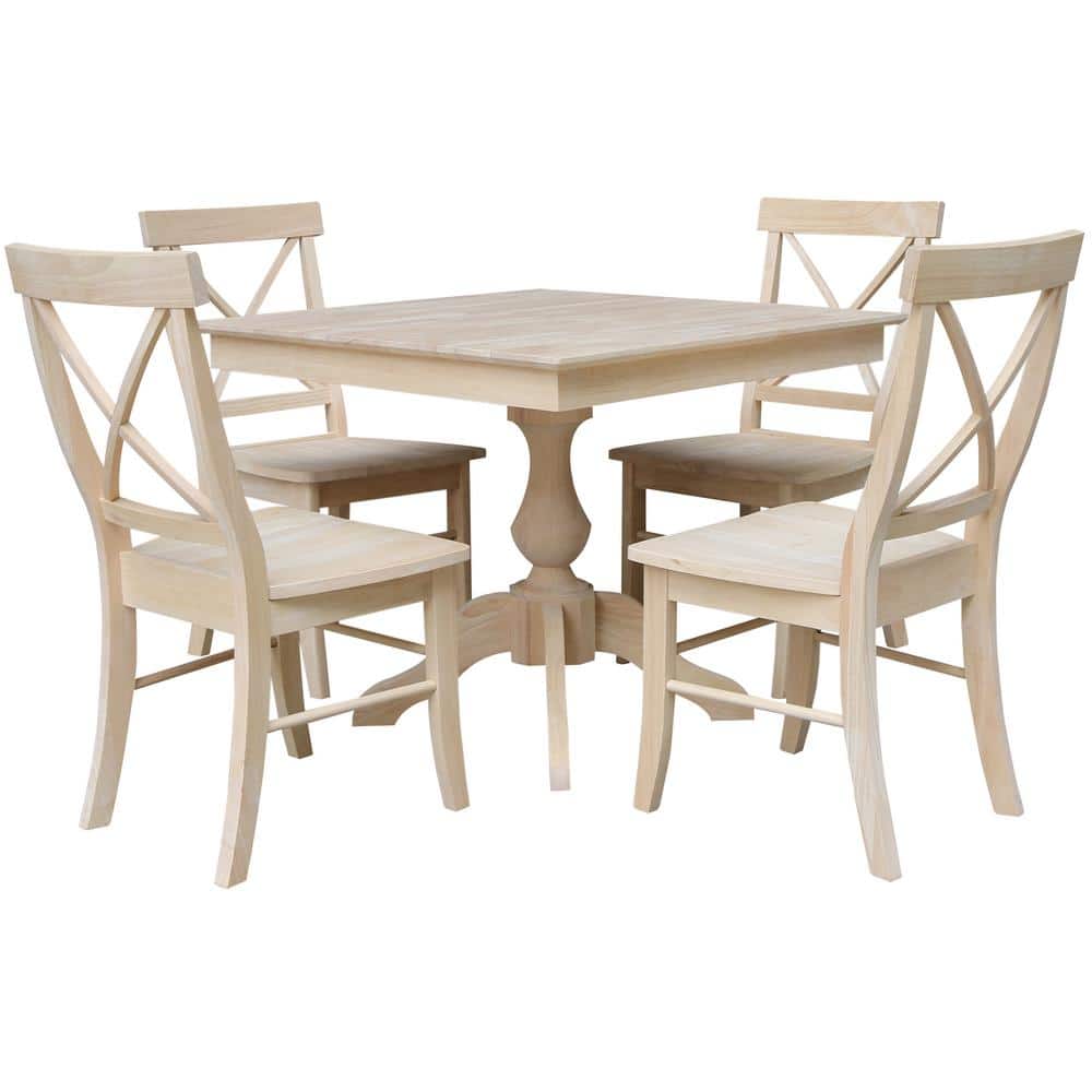 International Concepts 5 PC Set - Unfinished Solid Wood 36 in. Square Pedestal Table with 4 Side Dining Chairs -  K-3636TP-11B-C613-4