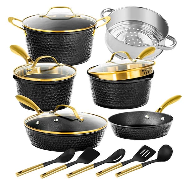 Charleston Collection 15-Piece Aluminum Hammered Ceramic Coating Nonstick Cookware Set with Utensils in Black